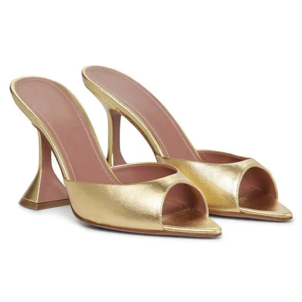 2024 New Pointed Fish Mouth Sandals, Fashionable Women's Shoes, Wine Glasses and Gold Slippers