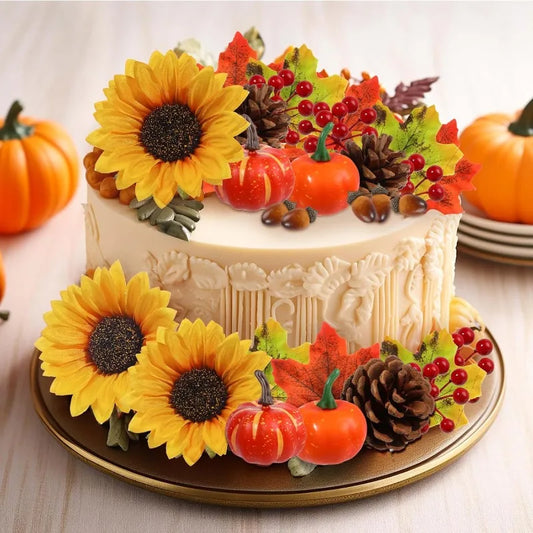 73pcs Fall cake Toppers Thanksgiving cake Decoration Autumn Artificial Pumpkins Sunflowers Maple Leaves Fall Cake Party Decor
