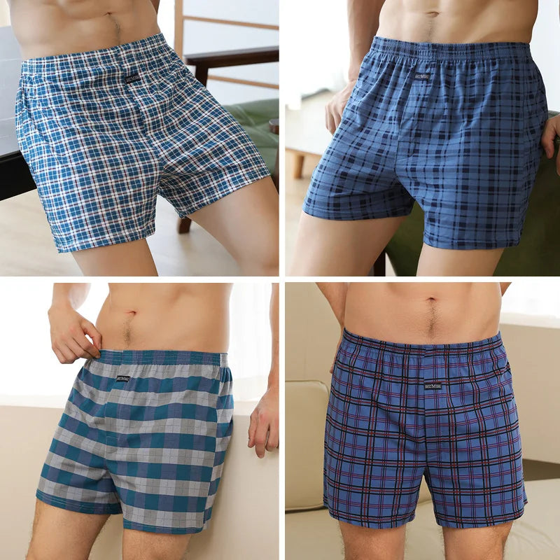 4pcs Male Arrow Pants Men Cotton Plaid Boxers Shorts Loose Mid-Waisted Men's Plus Size Underwear Homewear Comfortable Panties