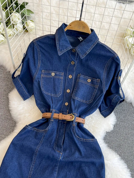 XFPV Women's Sweet Short Denim Dress For Women Belt Slim Short Sleeved Vestidos Korean Fashion Spring Summer 2025 SM11153