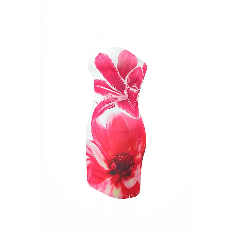 2025 Summer Sexy Women's Breast Top Flower Print Slim-fit Cover Buttock Short Dress Collarless Cover Buttock Skirt
