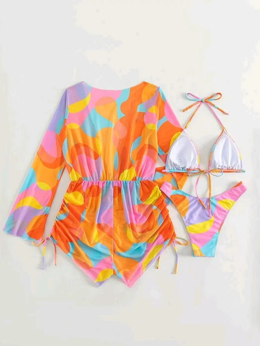3 Pieces Triangle Halter String Bikini Long Sleeve Swimsuit Women Swimwear Female Bathers Bathing Swimming Swim Suit