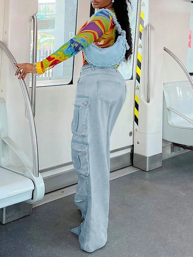 Women Harajuku Y2K Streetwear Jeans American Style Retro Multi-Pocket Straight Cargo Pants Trend Mid-waist Casual Blue Trousers