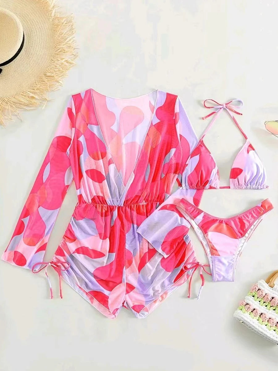 3 Pieces Triangle Halter String Bikini Long Sleeve Swimsuit Women Swimwear Female Bathers Bathing Swimming Swim Suit