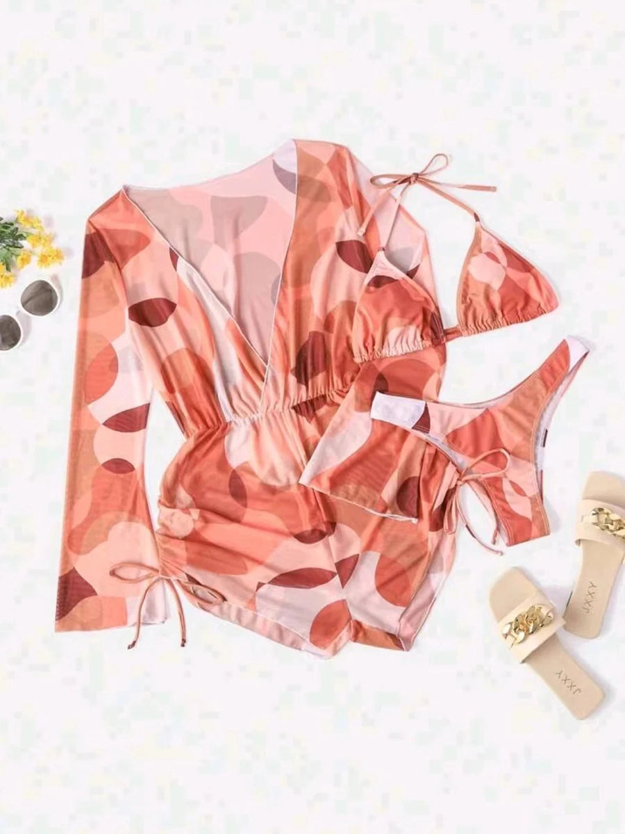 3 Pieces Triangle Halter String Bikini Long Sleeve Swimsuit Women Swimwear Female Bathers Bathing Swimming Swim Suit