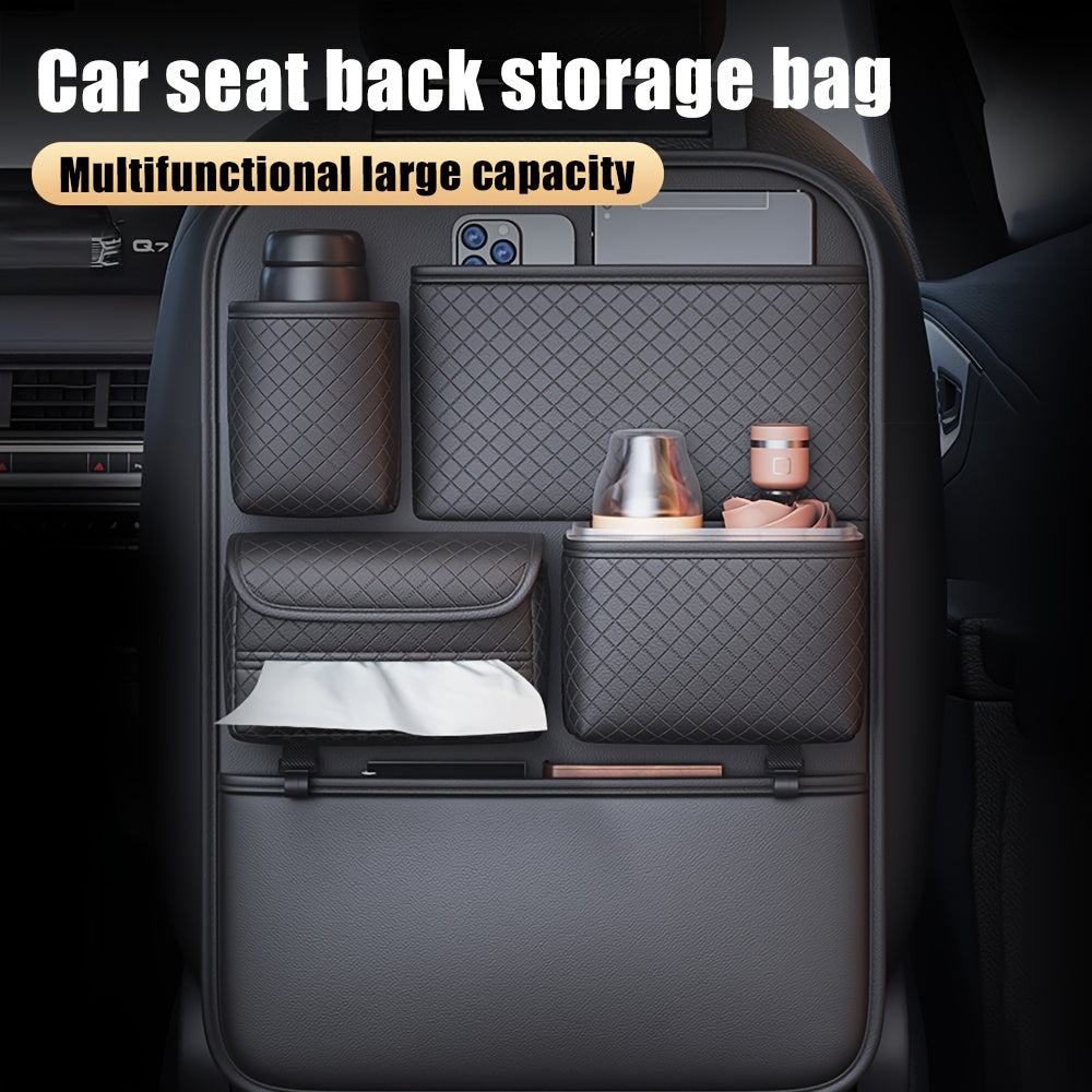 1pc Car Seat Back Organizer with Diamond Pattern - Faux Leather Multi-Compartment Storage Bag for Water Bottles, Tablets, Laptops, and Accessories, Black, Backseat Organizer | Stylish Storage Bag | Faux Leather Bag, Car Stora