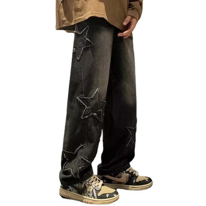 Star Embroidery Straight Casual Men Jeans Gothic Neutral New Wide Leg Loose Hip-hop Fashion Youth Streetwear Denim Trousers Y2K