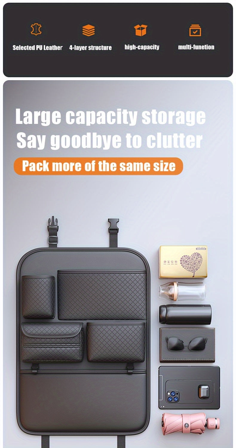 1pc Car Seat Back Organizer with Diamond Pattern - Faux Leather Multi-Compartment Storage Bag for Water Bottles, Tablets, Laptops, and Accessories, Black, Backseat Organizer | Stylish Storage Bag | Faux Leather Bag, Car Stora