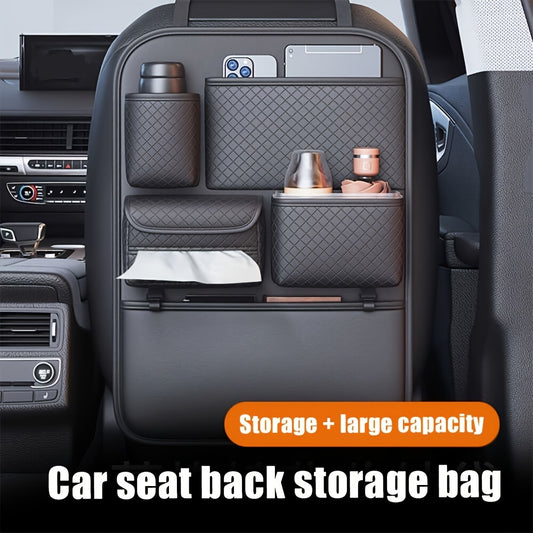 1pc Car Seat Back Organizer with Diamond Pattern - Faux Leather Multi-Compartment Storage Bag for Water Bottles, Tablets, Laptops, and Accessories, Black, Backseat Organizer | Stylish Storage Bag | Faux Leather Bag, Car Stora
