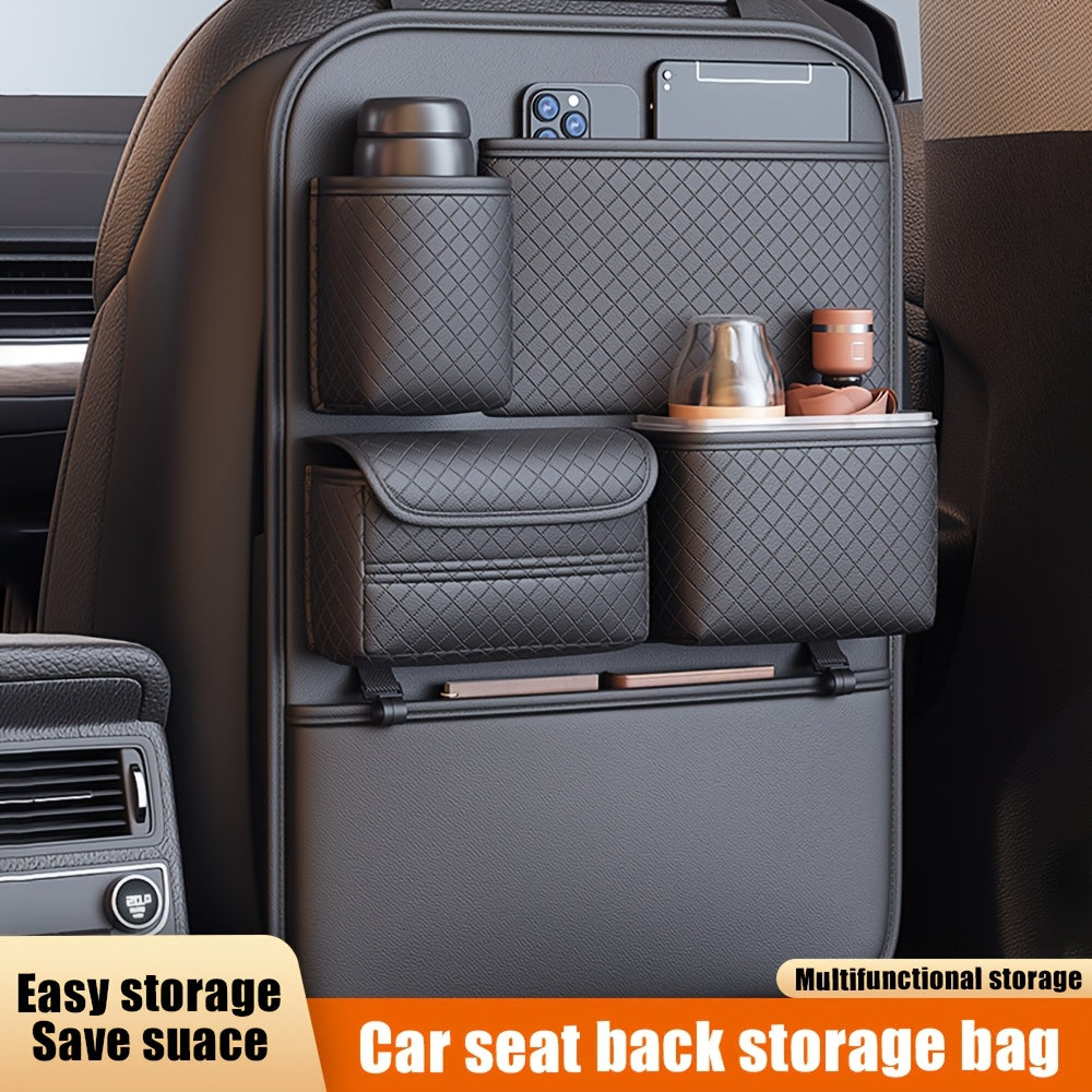1pc Car Seat Back Organizer with Diamond Pattern - Faux Leather Multi-Compartment Storage Bag for Water Bottles, Tablets, Laptops, and Accessories, Black, Backseat Organizer | Stylish Storage Bag | Faux Leather Bag, Car Stora