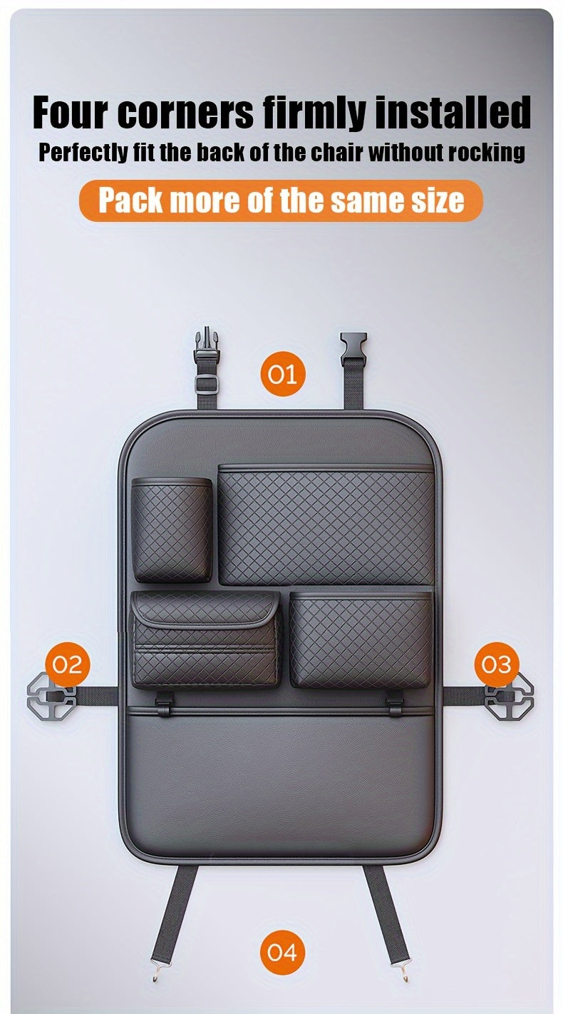 1pc Car Seat Back Organizer with Diamond Pattern - Faux Leather Multi-Compartment Storage Bag for Water Bottles, Tablets, Laptops, and Accessories, Black, Backseat Organizer | Stylish Storage Bag | Faux Leather Bag, Car Stora