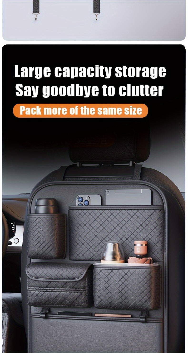 1pc Car Seat Back Organizer with Diamond Pattern - Faux Leather Multi-Compartment Storage Bag for Water Bottles, Tablets, Laptops, and Accessories, Black, Backseat Organizer | Stylish Storage Bag | Faux Leather Bag, Car Stora