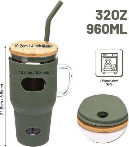 32oz glass water bottle, glass drum with lid and straw, glass iced coffee cup with time marker and silicone cover, reusable