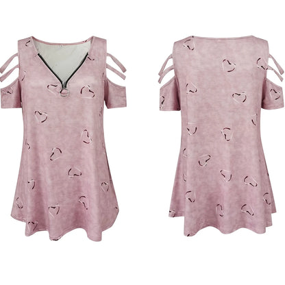 Women Summer Cold Shoulder V-Neck Zipper Printed Hollow Out T-Shirt Ladies Casual Loose Blouse Tunic Tops High Quality Clothing