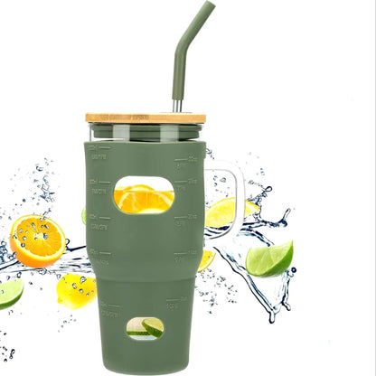32oz glass water bottle, glass drum with lid and straw, glass iced coffee cup with time marker and silicone cover, reusable