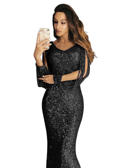 Women's European and American Long Dress Evening Dress Long Sleeve Tassel Dinner Dress