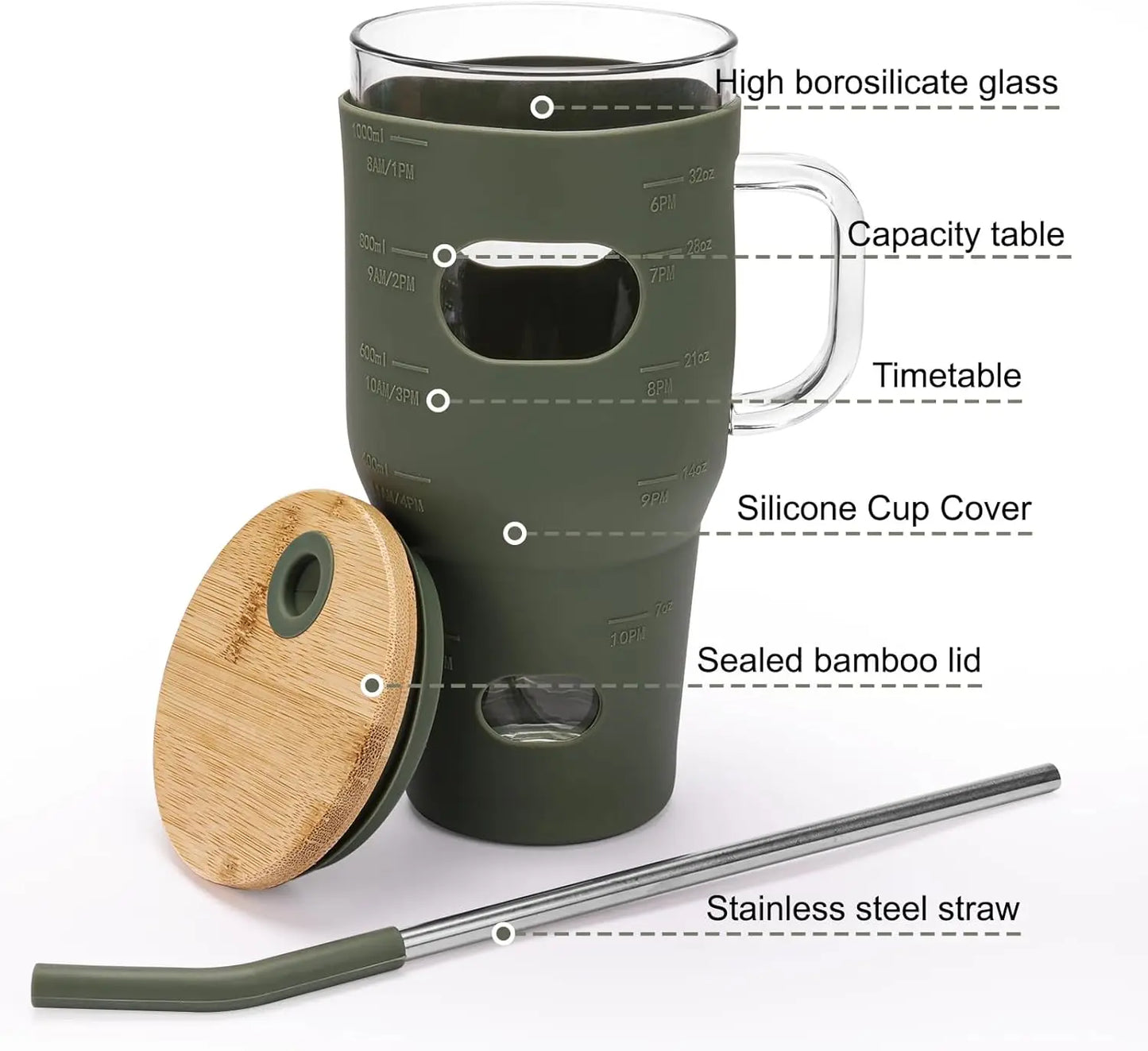 32oz glass water bottle, glass drum with lid and straw, glass iced coffee cup with time marker and silicone cover, reusable