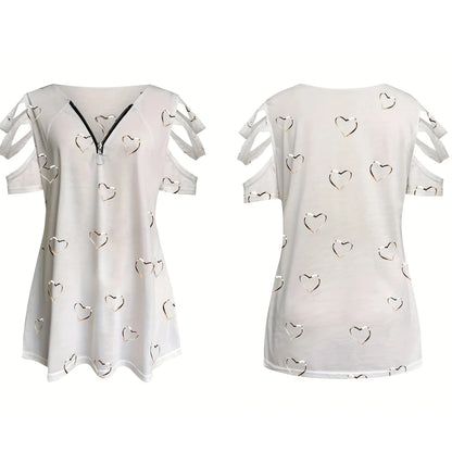 Women Summer Cold Shoulder V-Neck Zipper Printed Hollow Out T-Shirt Ladies Casual Loose Blouse Tunic Tops High Quality Clothing