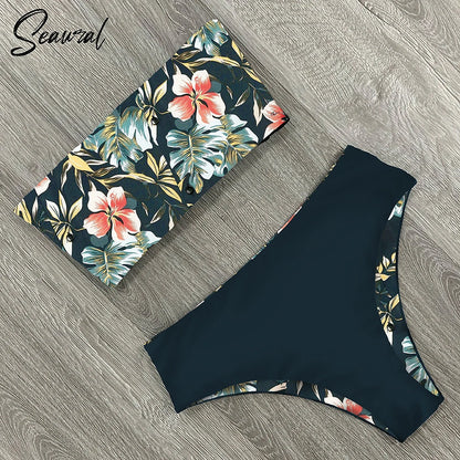 2024 New Sexy Low Hight Bikini Set Swimwear Women Bandeau Female Print Floral Strappy Swimsuit Bathing Suit Beach Wear Biquini