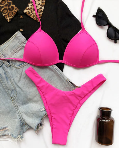 2025 Halter Bra Cup Bikini Sexy Swimsuit Female White Swimwear Women Push up Bikini set Brazilian Bathing Suit Bandeau Swim suit