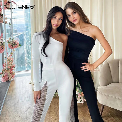 Cutenew Sexy Mesh Patchwork One Shoulder Playsuits Women Elegant Solid Skinny Flare Pants Jumpsuit Fashion Lady Party Streetwear