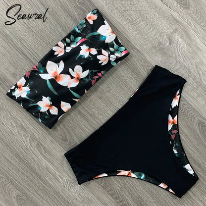 2024 New Sexy Low Hight Bikini Set Swimwear Women Bandeau Female Print Floral Strappy Swimsuit Bathing Suit Beach Wear Biquini