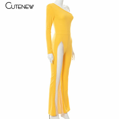 Cutenew Sexy Mesh Patchwork One Shoulder Playsuits Women Elegant Solid Skinny Flare Pants Jumpsuit Fashion Lady Party Streetwear