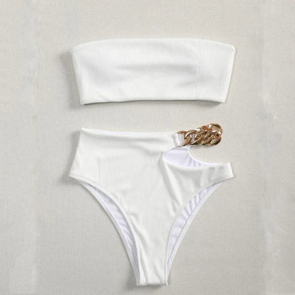 Bandeau Bikini 2024 Women Sexy White Black Cut Out Metal High Waist Swimsuit Female Off Shoulder Bathing Suit Swimwear Beachwear