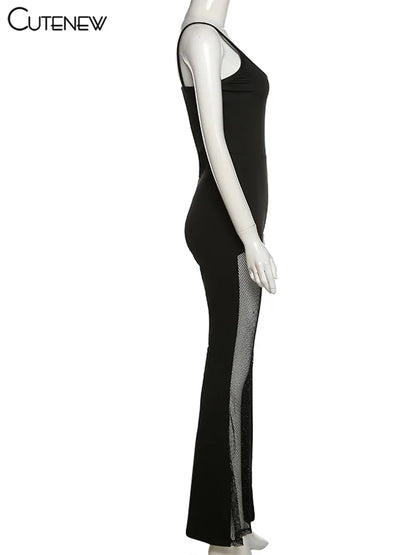 Cutenew Sexy Mesh Patchwork One Shoulder Playsuits Women Elegant Solid Skinny Flare Pants Jumpsuit Fashion Lady Party Streetwear