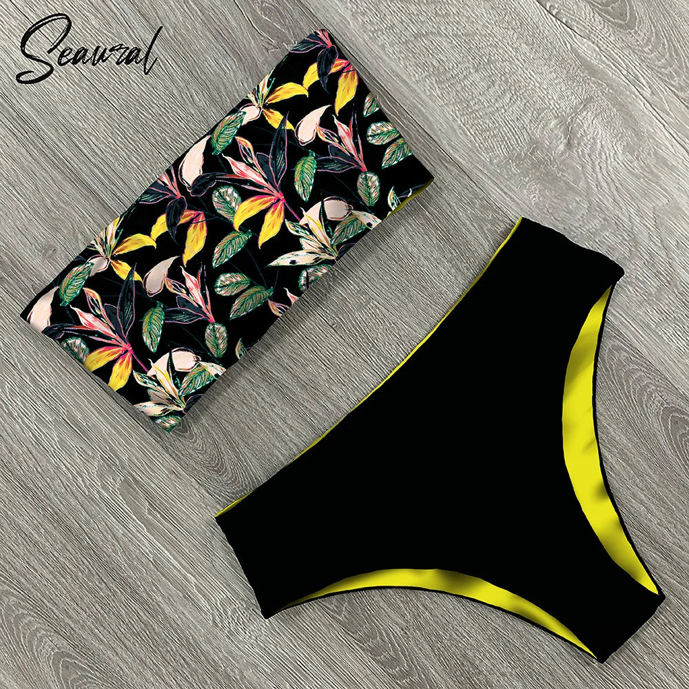2024 New Sexy Low Hight Bikini Set Swimwear Women Bandeau Female Print Floral Strappy Swimsuit Bathing Suit Beach Wear Biquini