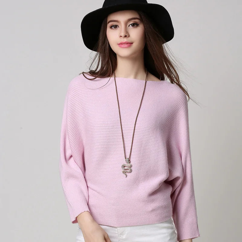 19 Colors Women Knitted Long Batwing Sleeves Loose Sweater Autumn Outstreet High Stretch Knitwear Wide Collar Pullover Knits