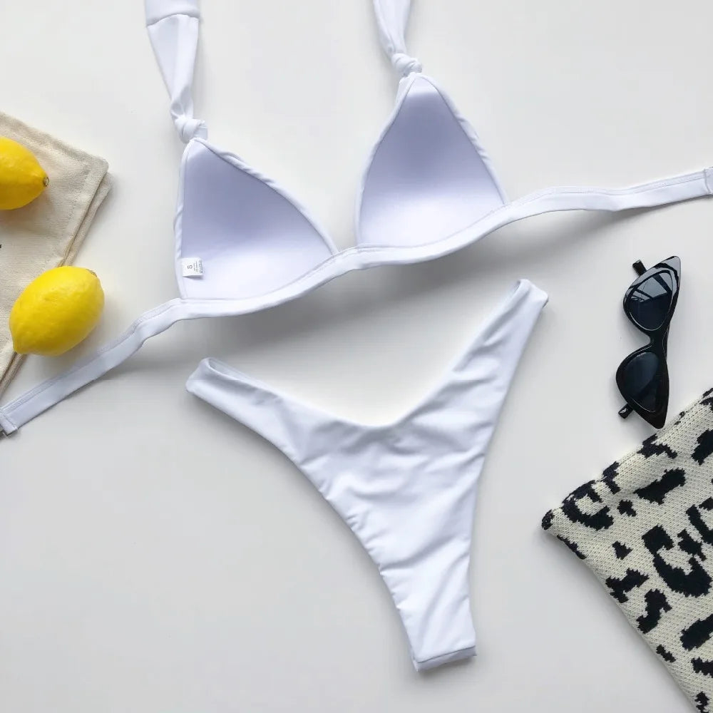 2025 Halter Bra Cup Bikini Sexy Swimsuit Female White Swimwear Women Push up Bikini set Brazilian Bathing Suit Bandeau Swim suit