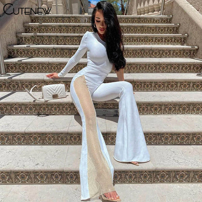 Cutenew Sexy Mesh Patchwork One Shoulder Playsuits Women Elegant Solid Skinny Flare Pants Jumpsuit Fashion Lady Party Streetwear