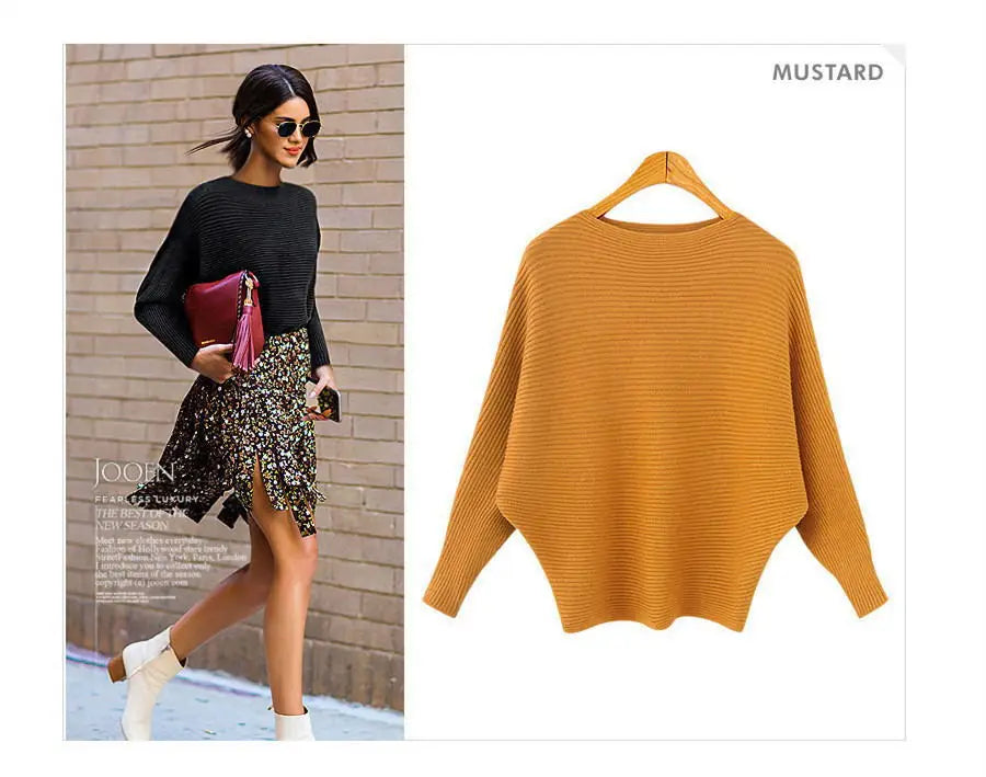19 Colors Women Knitted Long Batwing Sleeves Loose Sweater Autumn Outstreet High Stretch Knitwear Wide Collar Pullover Knits