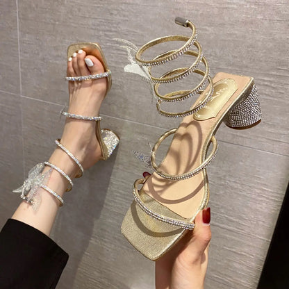 Xibeilove 2024 Summer Luxury Women Sandals Crystal Square Head Gold Rhinestone Snake Pattern High Heels Wedding Party Shoes