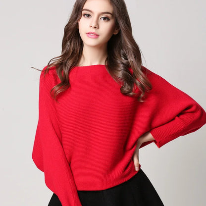 19 Colors Women Knitted Long Batwing Sleeves Loose Sweater Autumn Outstreet High Stretch Knitwear Wide Collar Pullover Knits
