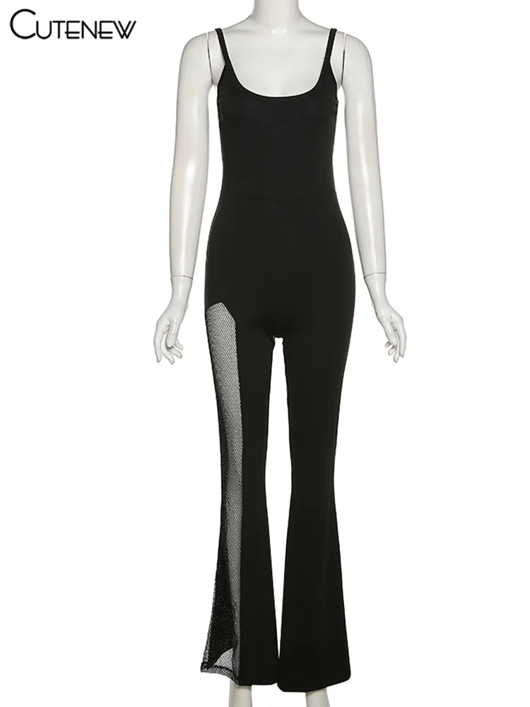Cutenew Sexy Mesh Patchwork One Shoulder Playsuits Women Elegant Solid Skinny Flare Pants Jumpsuit Fashion Lady Party Streetwear