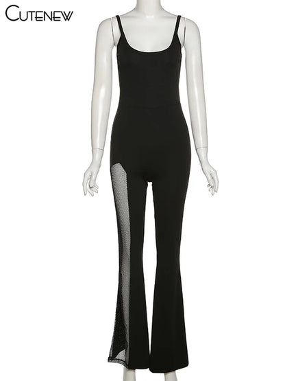 Cutenew Sexy Mesh Patchwork One Shoulder Playsuits Women Elegant Solid Skinny Flare Pants Jumpsuit Fashion Lady Party Streetwear