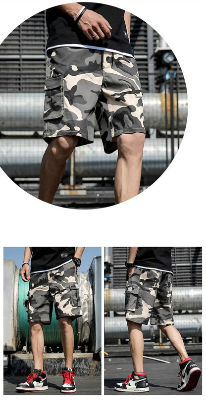 Summer Men's Outdoor Camouflage Cargo Shorts Pocket Cotton Casual Half Pants Mid Waist Drawstring Loose Shorts Bib Overalls 7XL