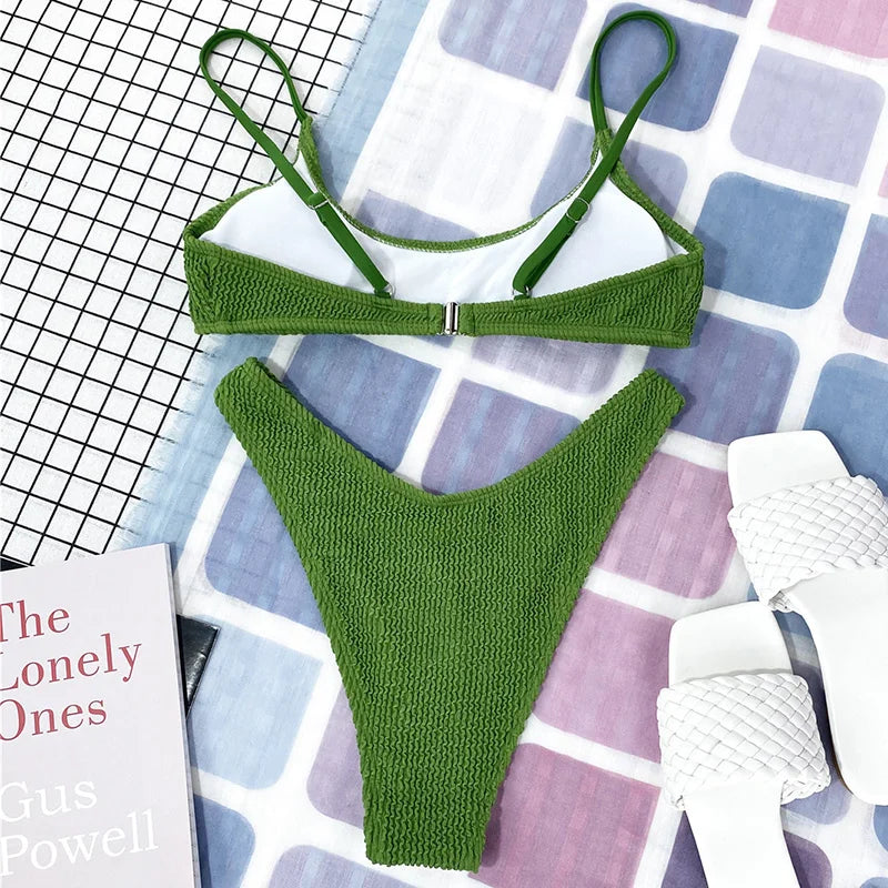 7 Colors Wrinkled Crinkled Triangle Bikini Women Swimwear Female Swimsuit Two-pieces Bikini set Bather Bathing Suit Swim Lady