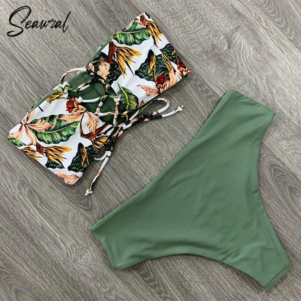 2024 New Sexy Low Hight Bikini Set Swimwear Women Bandeau Female Print Floral Strappy Swimsuit Bathing Suit Beach Wear Biquini