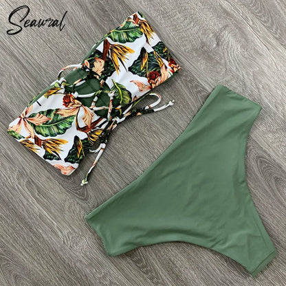 2024 New Sexy Low Hight Bikini Set Swimwear Women Bandeau Female Print Floral Strappy Swimsuit Bathing Suit Beach Wear Biquini