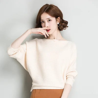 19 Colors Women Knitted Long Batwing Sleeves Loose Sweater Autumn Outstreet High Stretch Knitwear Wide Collar Pullover Knits