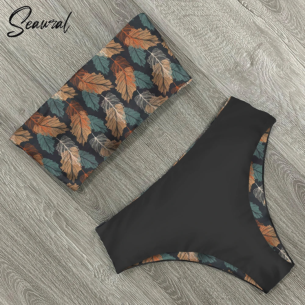 2024 New Sexy Low Hight Bikini Set Swimwear Women Bandeau Female Print Floral Strappy Swimsuit Bathing Suit Beach Wear Biquini