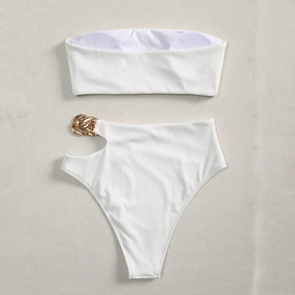 Bandeau Bikini 2024 Women Sexy White Black Cut Out Metal High Waist Swimsuit Female Off Shoulder Bathing Suit Swimwear Beachwear