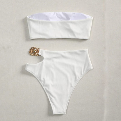 Bandeau Bikini 2024 Women Sexy White Black Cut Out Metal High Waist Swimsuit Female Off Shoulder Bathing Suit Swimwear Beachwear