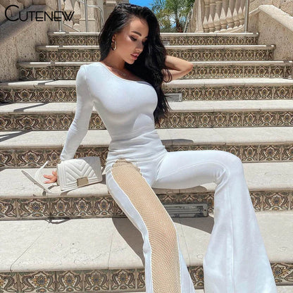 Cutenew Sexy Mesh Patchwork One Shoulder Playsuits Women Elegant Solid Skinny Flare Pants Jumpsuit Fashion Lady Party Streetwear