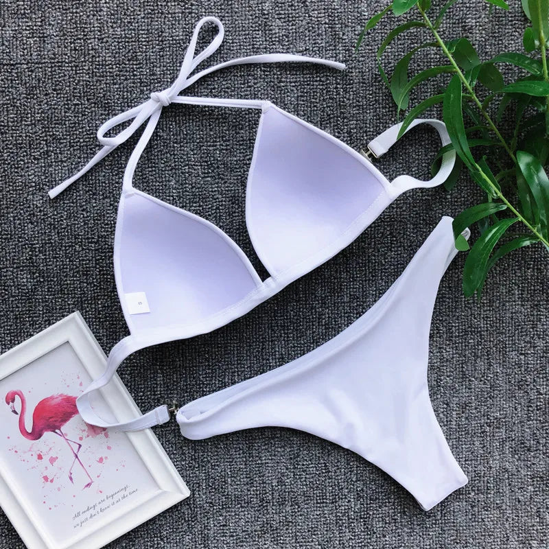 2025 Halter Bra Cup Bikini Sexy Swimsuit Female White Swimwear Women Push up Bikini set Brazilian Bathing Suit Bandeau Swim suit