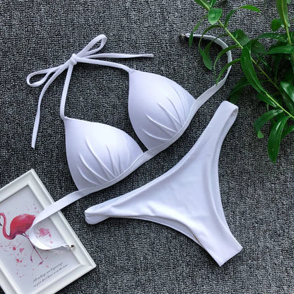 2025 Halter Bra Cup Bikini Sexy Swimsuit Female White Swimwear Women Push up Bikini set Brazilian Bathing Suit Bandeau Swim suit