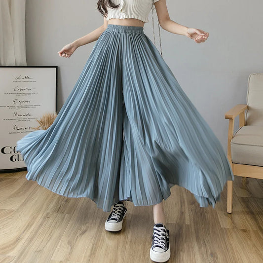 Women Elegant Chiffon High Waist Wide Leg Pants Casual Korean Fashion Pleated Loose Trousers Clothes Comodi Pantalones De Mujer
